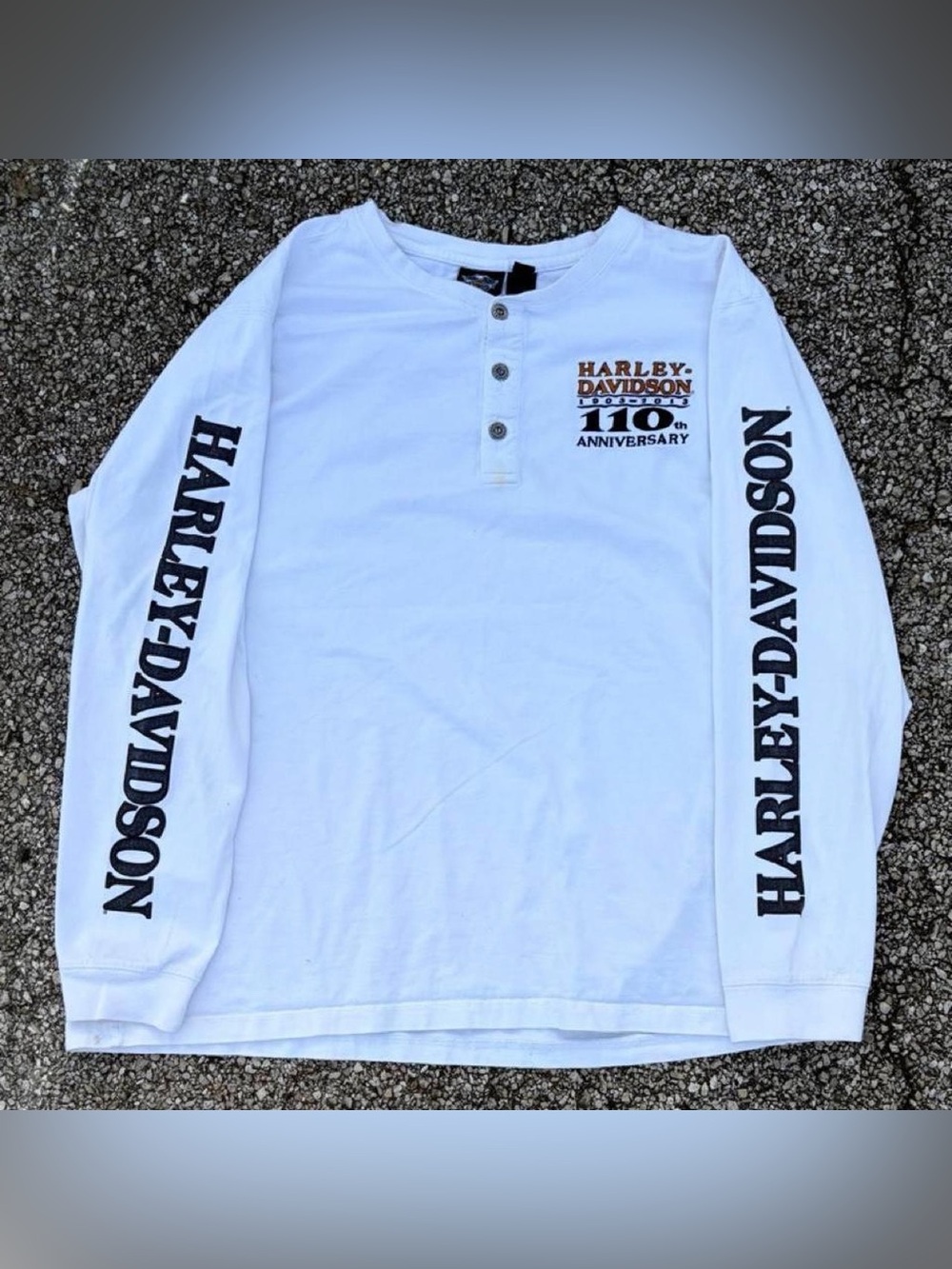 Harley-Davidson Official 2013 110th Anniversary long-sleeve henley with branded